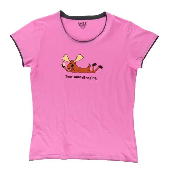 Lazy One Text Moose-aging Women's Sleepwear Pajama Top Short Sleeve Fitted Tee - Picture 1 of 2
